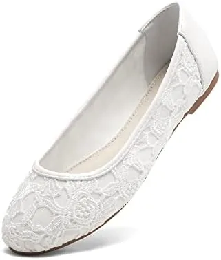 greatonu womens ballet flats round toe slip on lace ballerina flat comfortable wedding casual dressy floral flats shoes white with lining 75