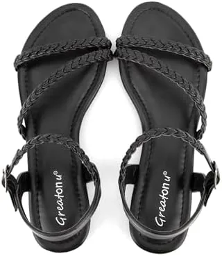 greatonu womens flat sandals summer braided slip on gladiator sandals open toe strappy slingback shoes black size 8
