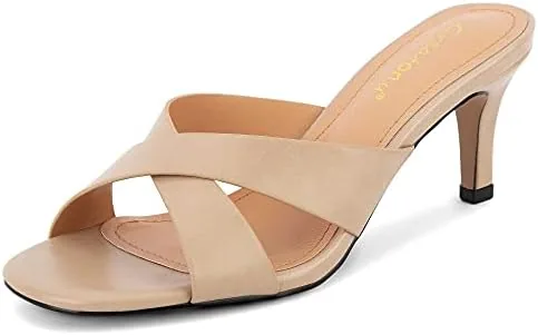 greatonu womens kitten heels sandals for women 2026 square open toe kitten heeled sandals cross strap slip on 25 inch heeled sandals nude size 85