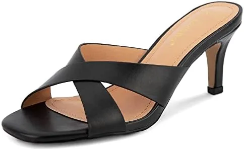 greatonu womens kitten heels square open toe kitten heel sandals cross strap slip on 25 inch heeled sandals black size 9